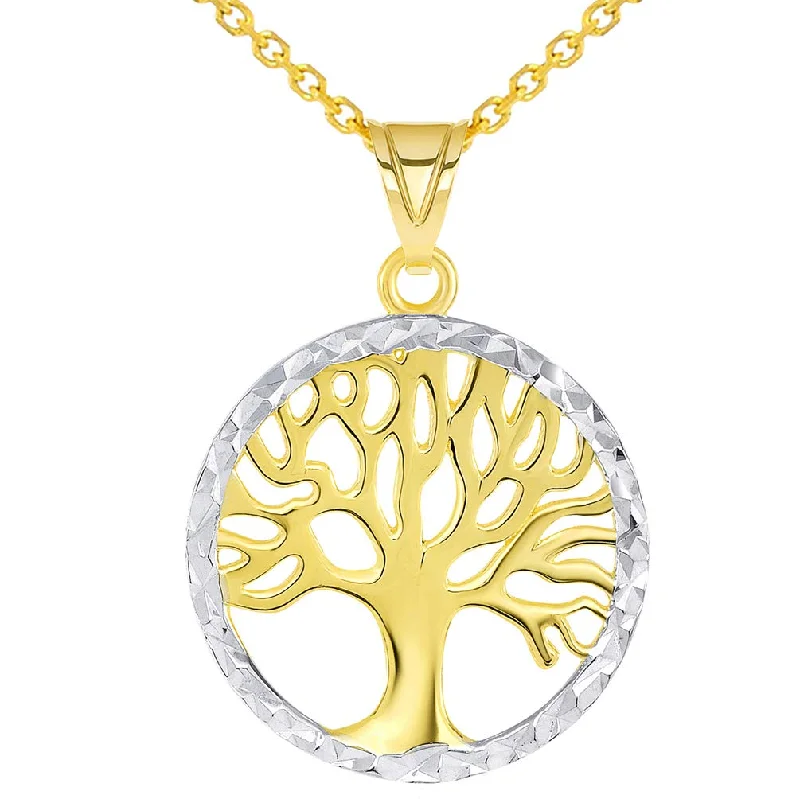 14k Gold Textured Round Two Tone Tree of Life Medal Pendant Necklace - Yellow Gold