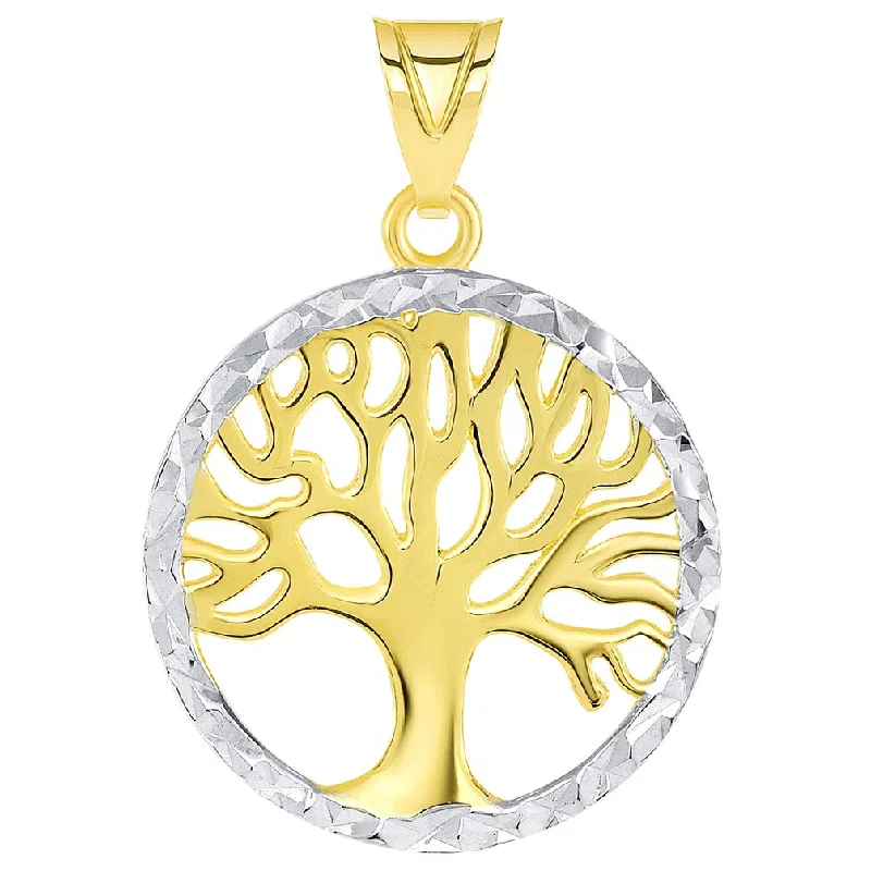 14k Gold Textured Round Two Tone Tree of Life Medal Pendant - Yellow Gold