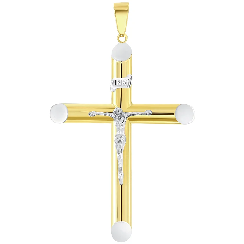 14k Two-Tone Gold 5mm Thick INRI Tubular Crucifix Cross Pendant (59 x 36.5mm)