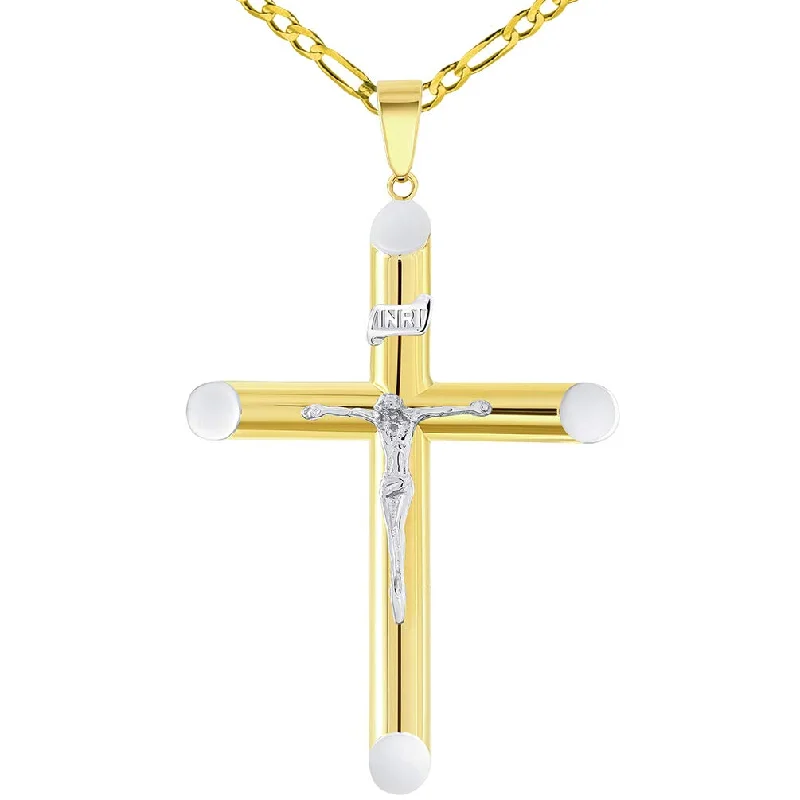 14k Two-Tone Gold 5mm Thick INRI Tubular Crucifix Cross Pendant with Figaro Chain Necklace