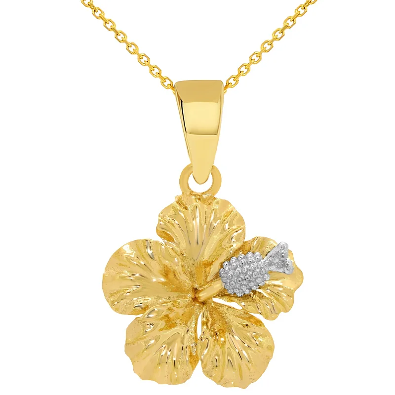 14k Two-Tone Gold Hibiscus Charm Textured Flower Pendant Necklace