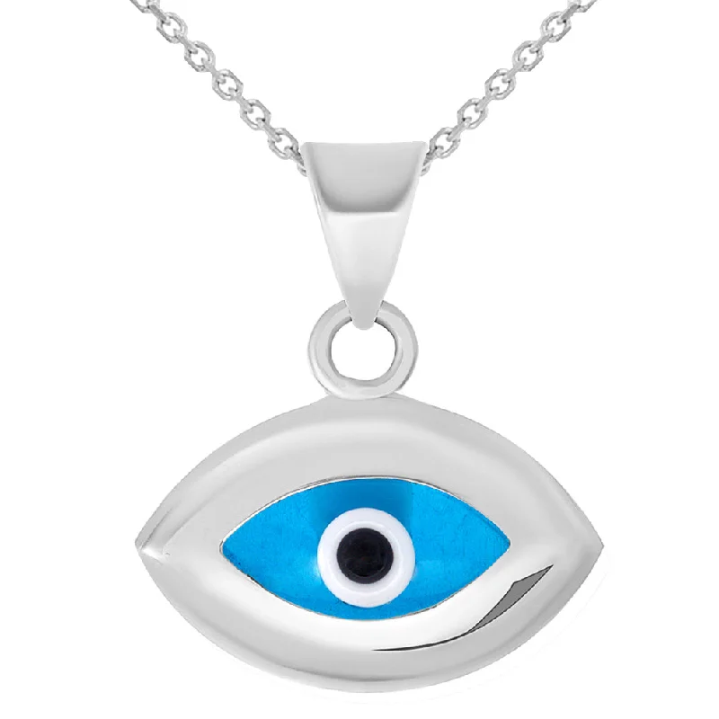 14k White Gold Eye Shaped Plain Blue Evil Eye Charm Pendant Necklace