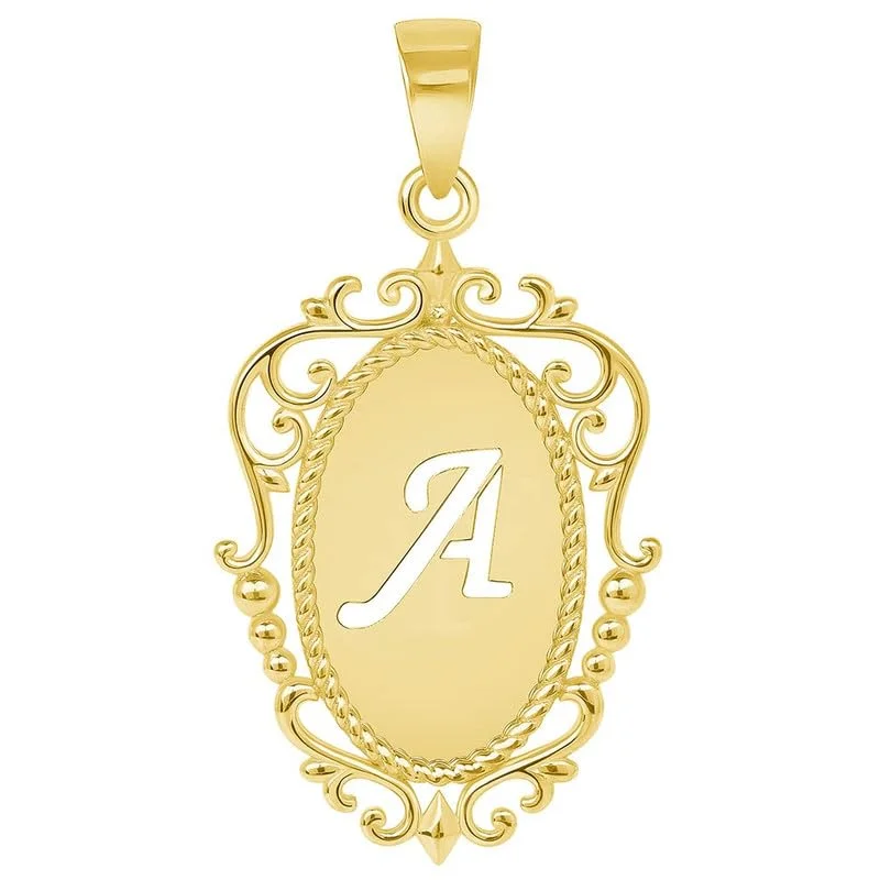 14k Yellow Gold Elegant Filigree Oval Uppercase Initial Script Letter Plate Pendant - A to Z