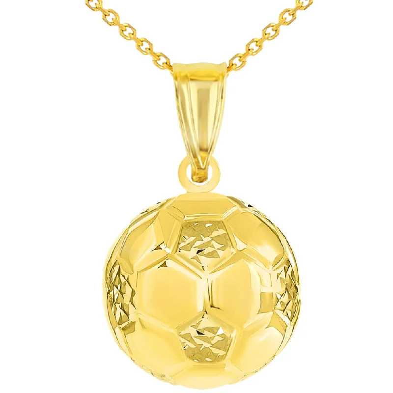 14k Yellow Gold High Polish Soccer 3D Ball Charm Futbol Sports Pendant with Cable, Curb, or Figaro Chain Necklaces