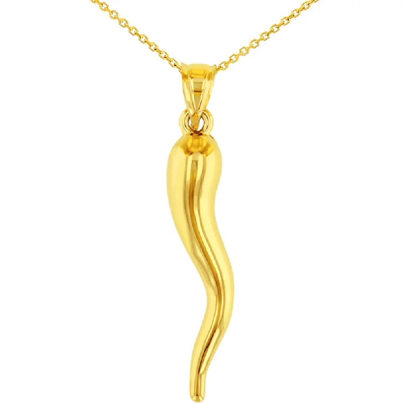 14k Yellow Gold Large Cornicello Horn Pendant Necklace - 3D