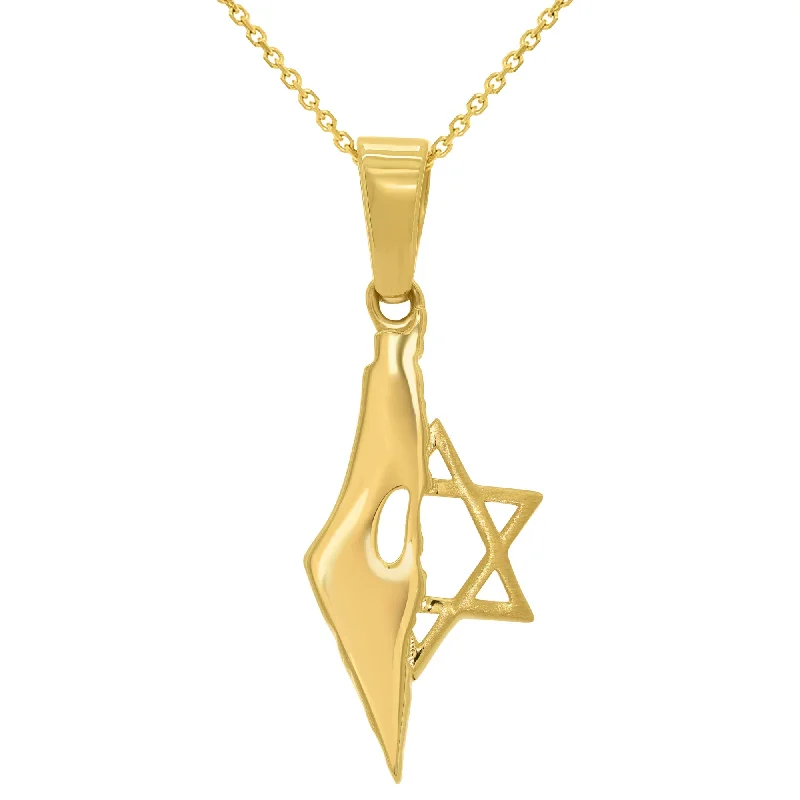 14k Yellow Gold Map of Israel with Star of David Pendant Necklace