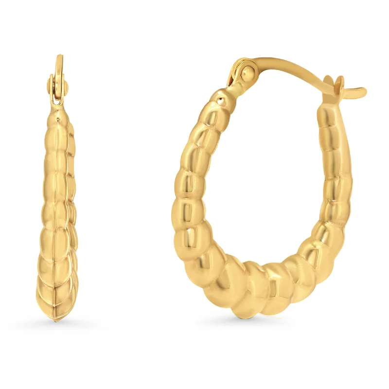 14k Yellow Gold Ribbed Oval Hoop Earrings with Latch Back - Small