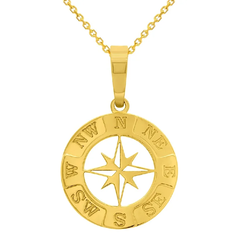 14k Yellow Gold Round 8-Point Star Compass Charm Pendant with Rolo Cable, Cuban Curb, or Figaro Chain Necklace