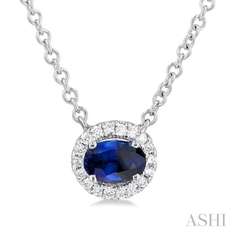 1/6 ctw East West 6X4MM Oval Cut Sapphire and Round Cut Diamond Halo Precious Necklace in 14K White Gold