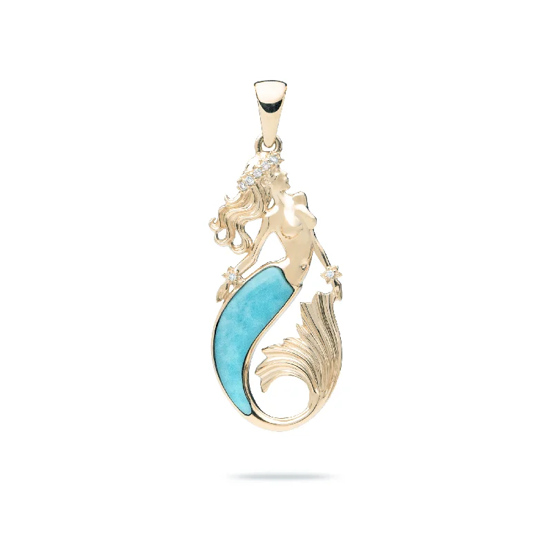 Sealife Mermaid Turquoise Pendant in Gold with Diamonds - 30mm