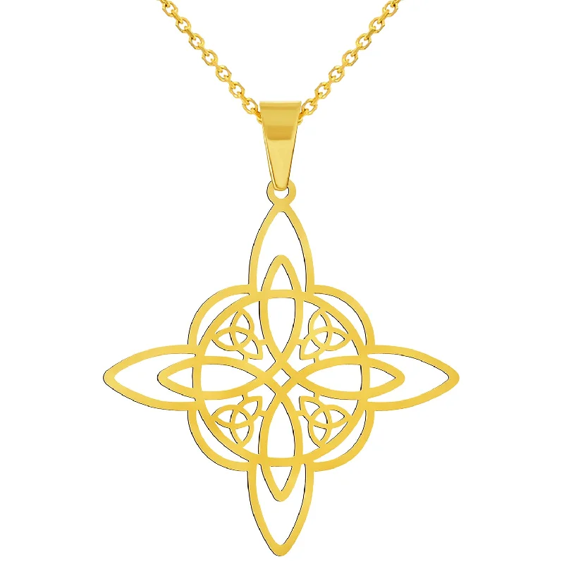 Solid 14k Yellow Gold Large Elegant Witch's Knot Cross Wiccan Symbol Pendant with Rolo Cable, Cuban Curb, or Figaro Chain Necklace