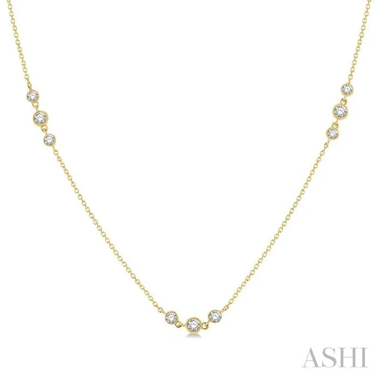 3/4 ctw Three Stone Bezel Set Round Cut Diamond Station Necklace in 14K Yellow Gold