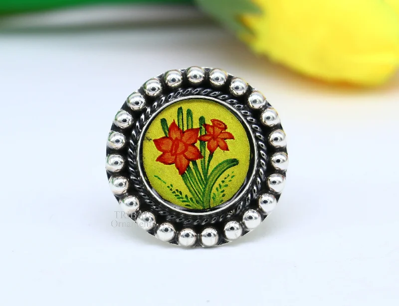 925 sterling silver adjustable ring band fabulous flower design miniature art painting ring Stylish ethnic party jewelry RRing525