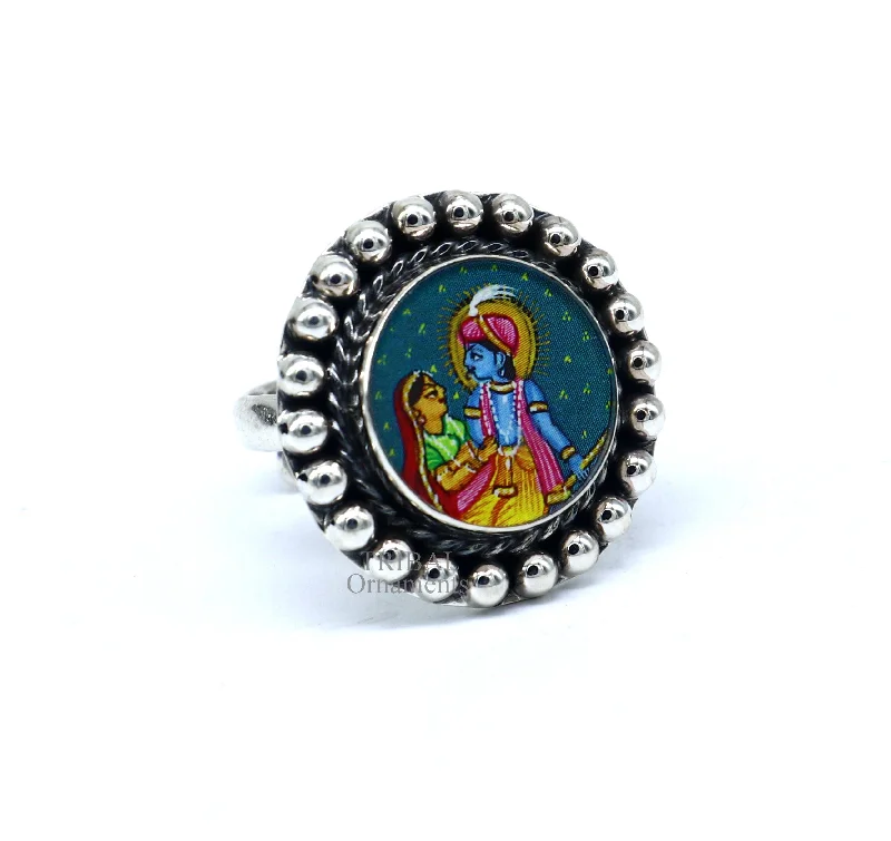 925 sterling silver adjustable ring band fabulous lord Krishna with Radha miniature art painting ring Stylish ethnic party jewelry RRing527