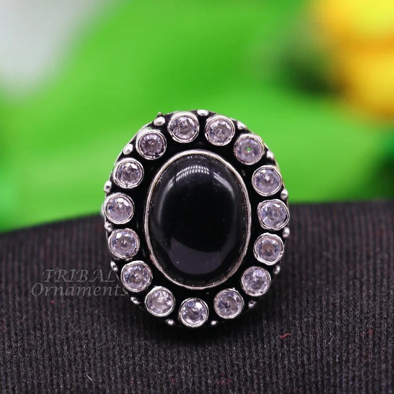 925 sterling silver handmade cubic zirconia and black stone ring adjustable for all sizes best girl's gifting fashionable ring sr348