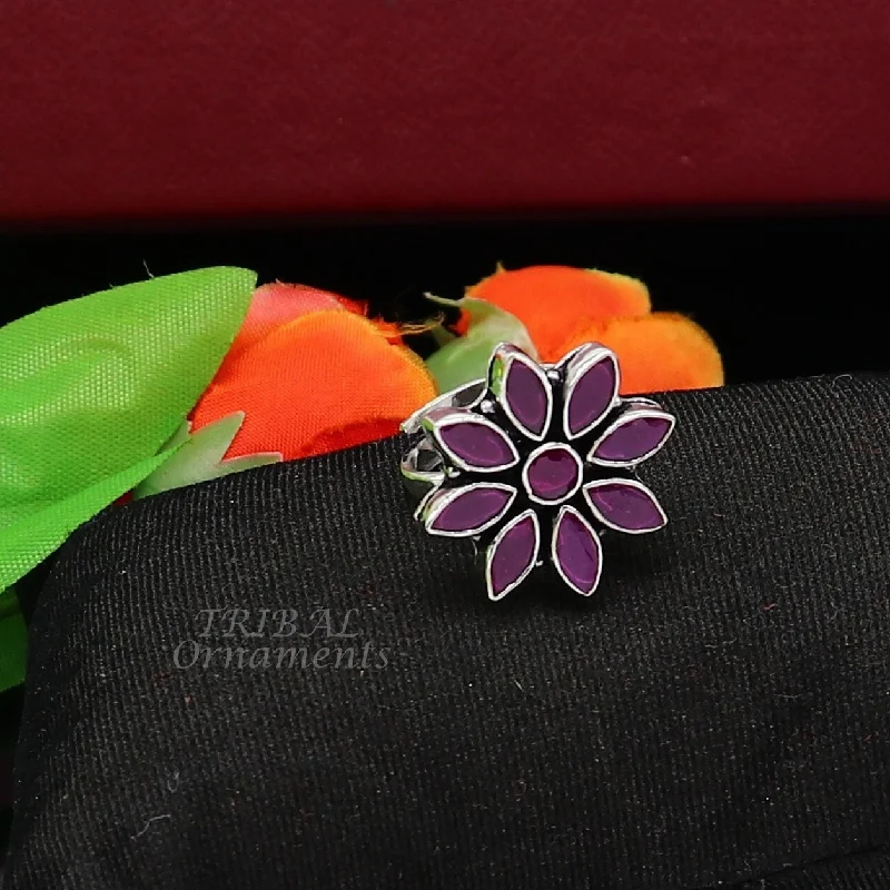 925 sterling silver handmade cut stone purple red flower design ring adjustable for all sizes best girl's gifting fashionable ring sr349