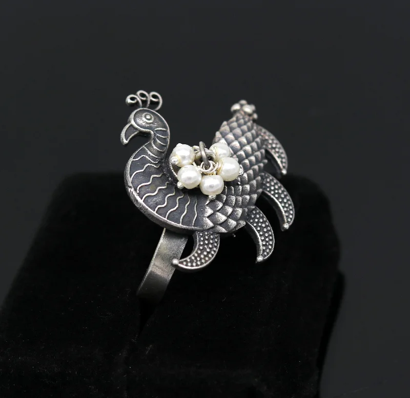 925 sterling silver handmade vintage antique customized peacock style amazing pearl ring, adjustable charm ring, bridesmaid gift ring215