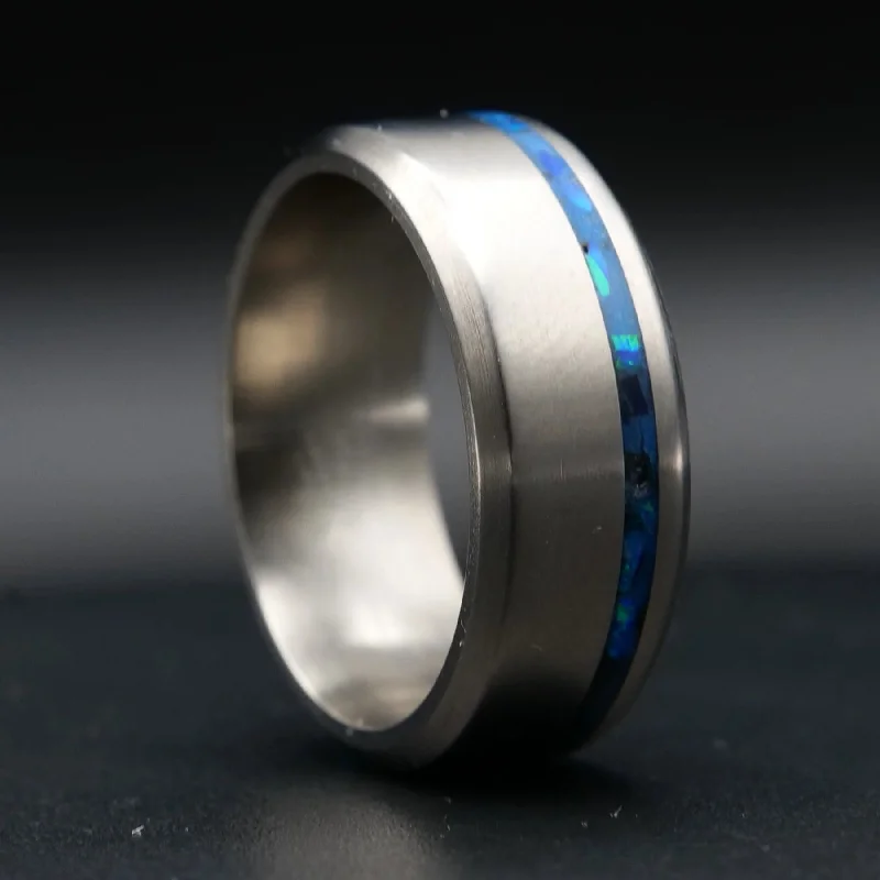 Titanium Glowstone Ring | Offset Inlay Ring with Crushed Opal