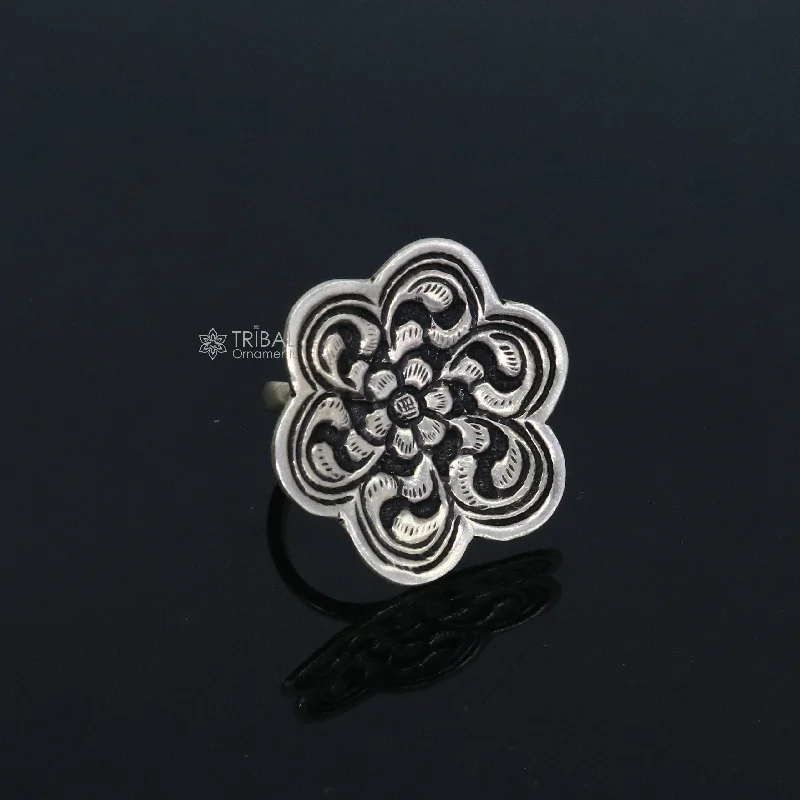 Traditional cultural flower design 925 sterling silver adjustable ring, best tribal ethnic jewelry for belly dance Navratri jewelry sr385