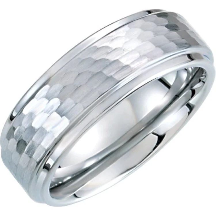 White Tungsten 8 mm Ridged Band with Bark Finish Size 11.5