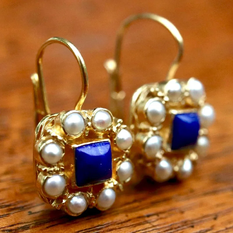 Mediterranean 14k Gold, Lapis and Pearl Earrings