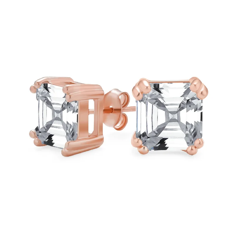 Asscher Cut CZ Stud Earrings in Rose Gold & Sterling Silver - Multiple Sizes