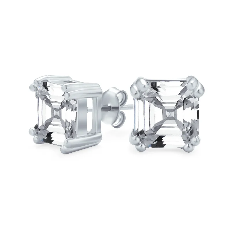 Asscher Cut CZ Stud Earrings in Sterling Silver - Multiple Sizes Available