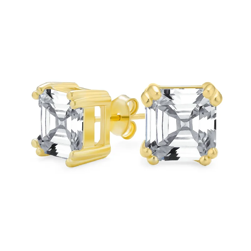 Asscher Cut CZ Stud Earrings in Gold Sterling Silver - Multiple Sizes Available