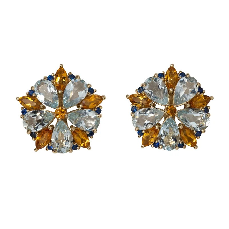 Aquamarine, Citrine & Sapphire 14K Yellow Gold Earrings