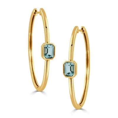 18K Yellow Gold Emerald Cut Blue Topaz Hoop Earrings