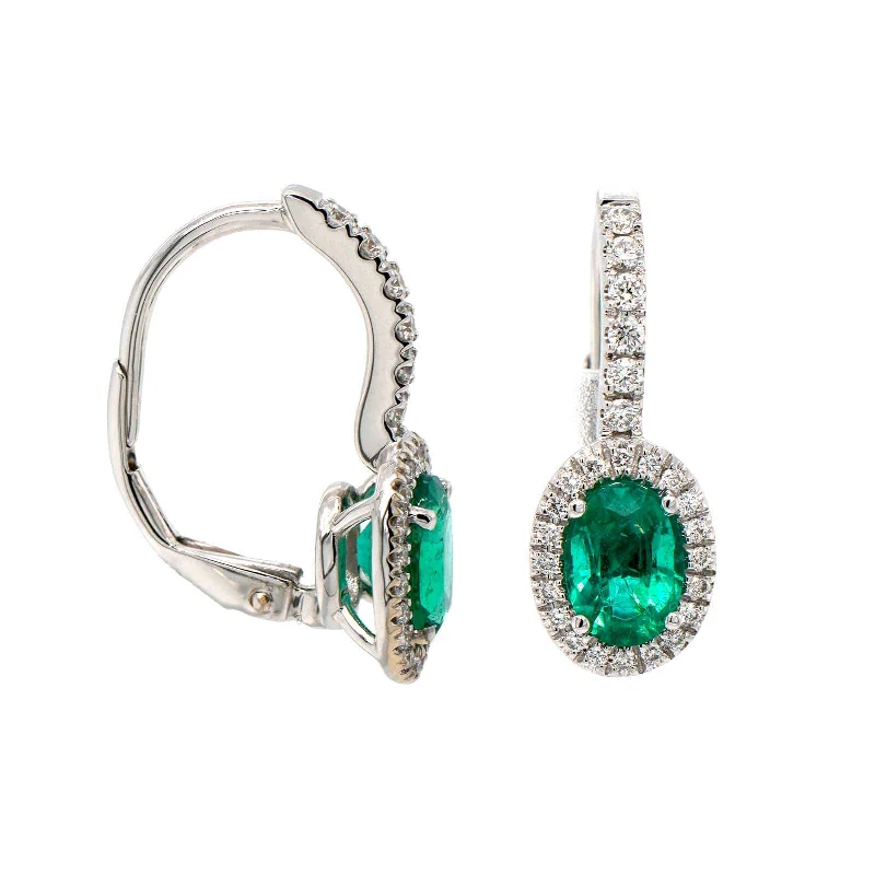 18K White Gold Oval Emerald and Diamond Halo Earrings