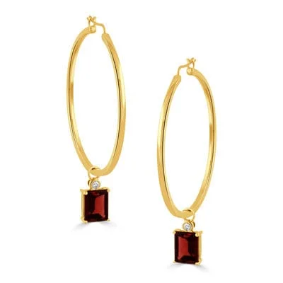 18K Yellow Gold Hoop Earrings with Removable Garnet Charm Drop