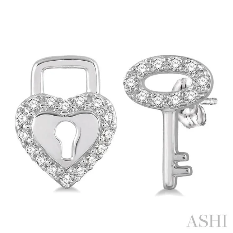 1/6 Ctw Heart Lock & Key Charm Round Cut Diamond Stud Earrings in 10K White Gold