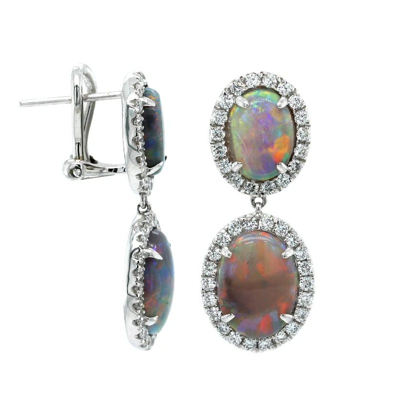 18K White Gold Oval Opals & Diamond Halo Drop Earrings