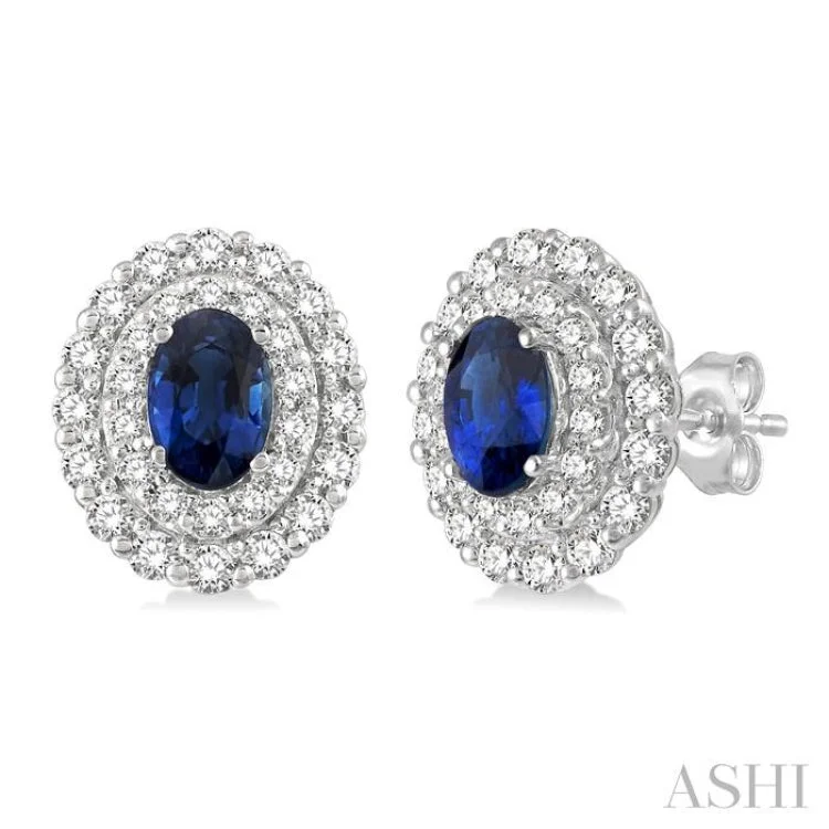 3/4 ctw Oval Shape 6x4MM Sapphire and Round Cut Diamond Precious Earring in 14K White Gold