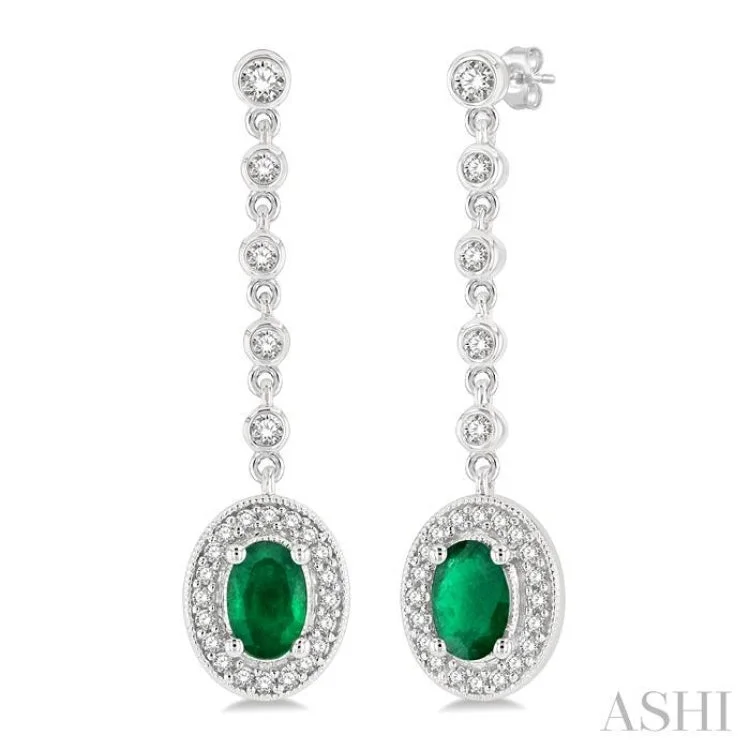 3/8 ctw Oval Shape 6x4MM Emerald and Round Cut Diamond Drop Earring in 14K White Gold