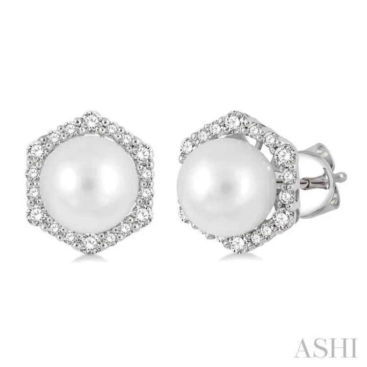 1/3 ctw Hexagon Shape 7X7MM Pearl and Round Cut Diamond Stud Earrings in 14K White Gold