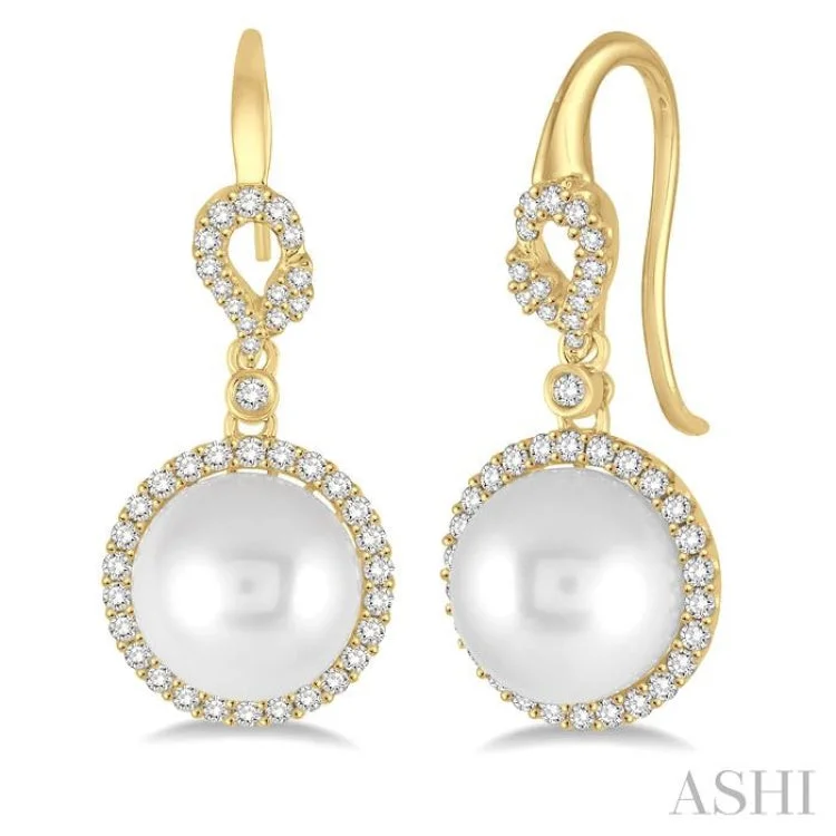 10x10 MM White Cultured Pearl and 5/8 Ctw Round Cut Diamond Earrings in 14K Yellow Gold