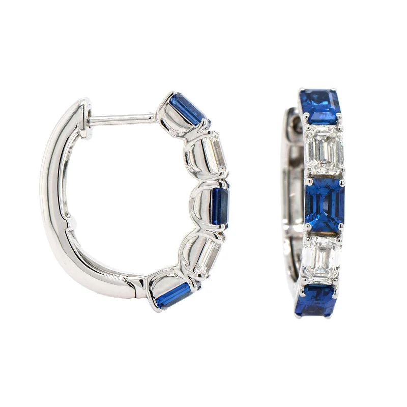 18K White Gold Diamond and Sapphire Huggie Hoops