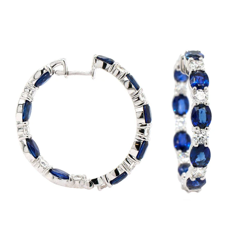 18K White Gold Diamond and Sapphire Hoops