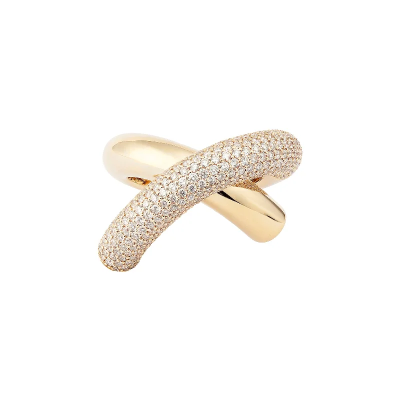 Half Pave Diamond Big Cross Loop Ring - Yellow Gold