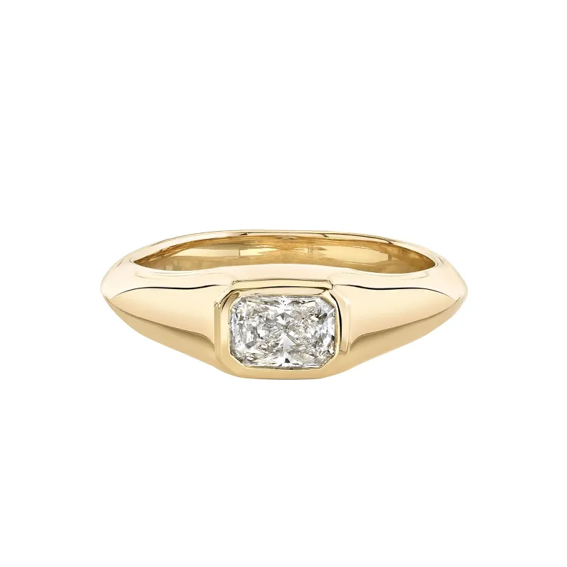 Knife Edge Radiant Cut Diamond Signet Pinky Ring - Yellow Gold