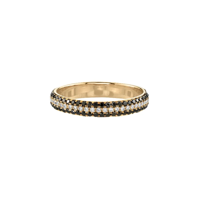 Three Row Black & White Diamond Cigar Band - Yellow Gold