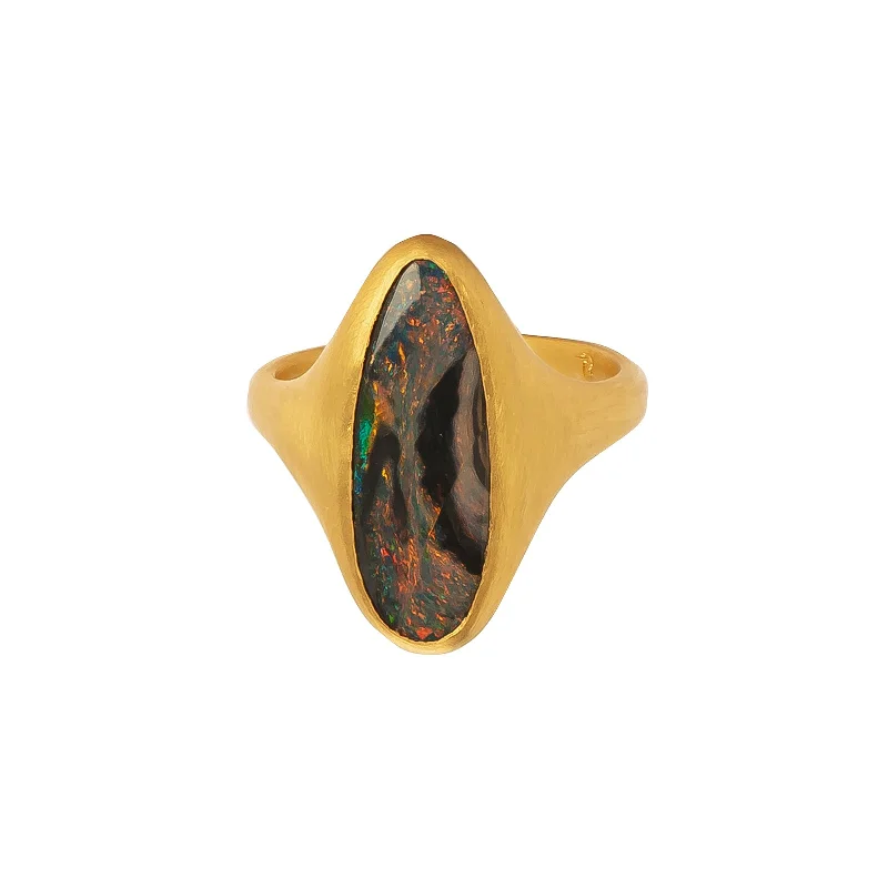 Elongated Lightning Ridge Striped Black Opal Ring