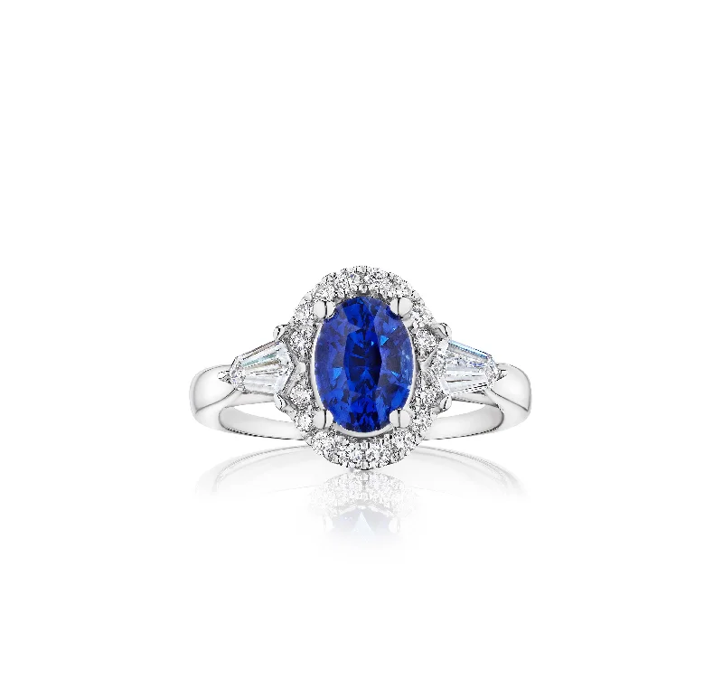 Sabel Collection White Gold Oval Sapphire and Baguette Diamond Halo Ring