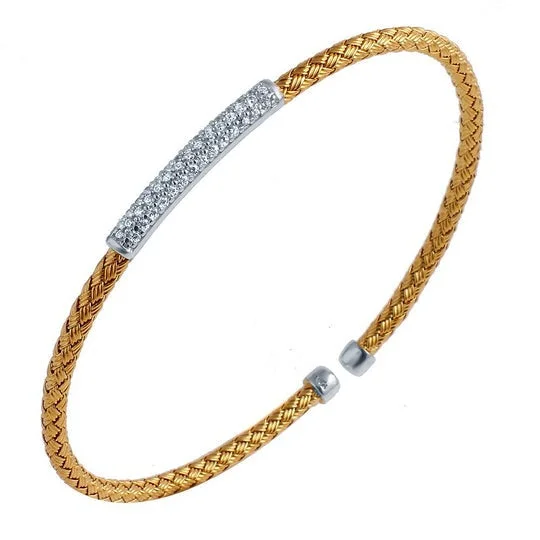 CZ Gold Plated Silver 3mm Mesh Cuff Bangle