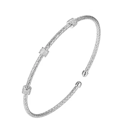 CZ Rhodium Plated Silver 2mm Mesh Cuff Bangle