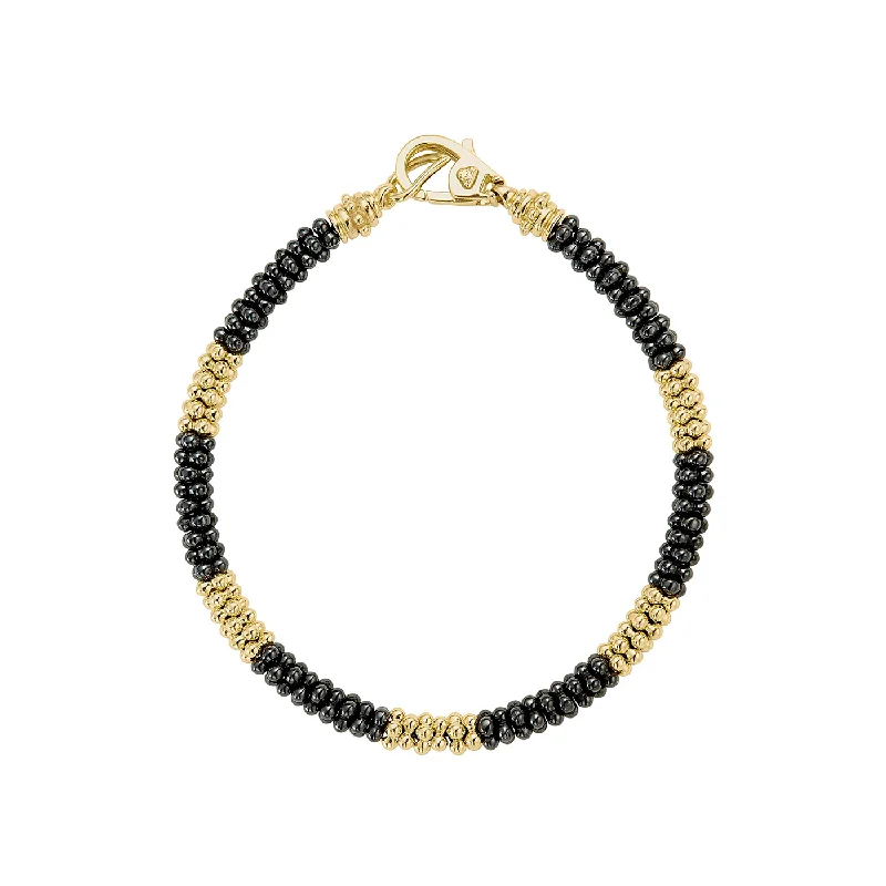 LAGOS Black Caviar Five Large 18K Gold Station Ceramic Beaded Bracelet, 5mm