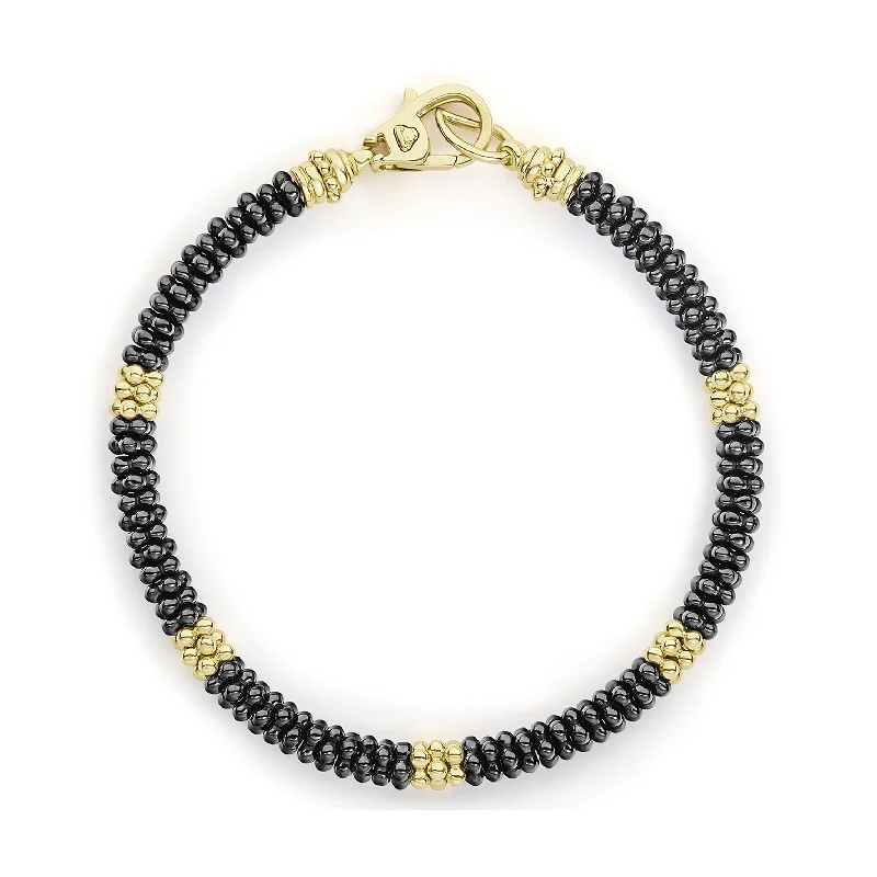 LAGOS Black Caviar Five Small 18K Gold Station Ceramic Beaded Bracelet, 5mm