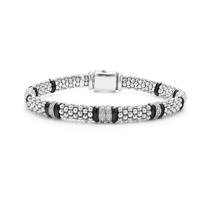 LAGOS Black Caviar Four Station Diamond Caviar Bracelet, 6mm